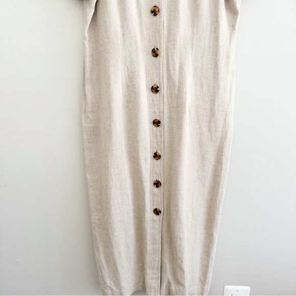 Vintage Linen Blend Neutral Minimalist V Neck Button Down Midi Dress - Picture 3 of 6